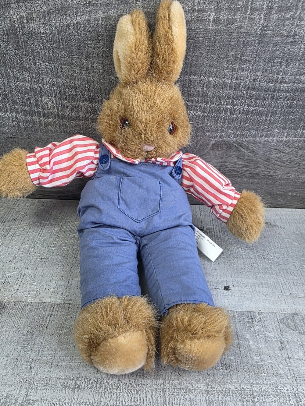 Brown Bunny Rabbit Blue Overalls Striped Shirt Plush Intl Silver 1990s 14”g61